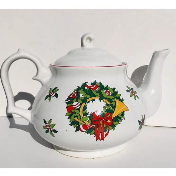 CELEBRATE THE SEASON TEAPOT CHRISTMAS 6 CUPS 6 1/2" X 10" VINTAGE HOLIDAY Ps2 - Picture 1 of 9